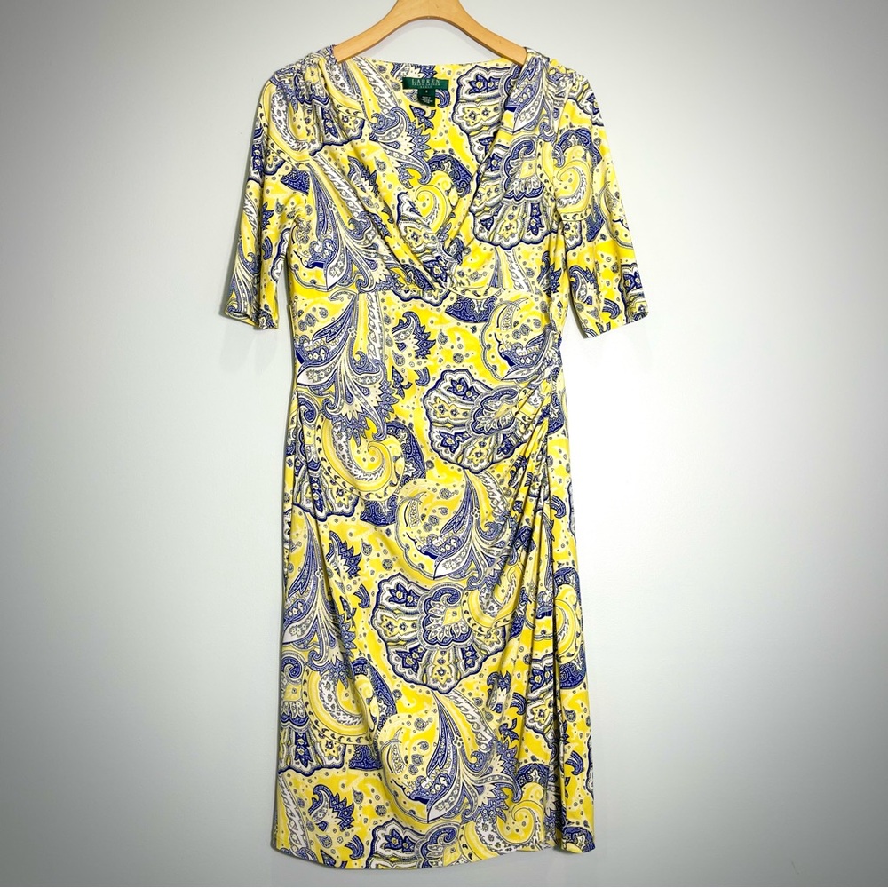 LAUREN RALPH LAUREN Dress Yellow Blue Paisley Short Sleeve Stretch V-Neck Size 8